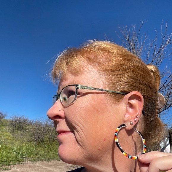 Black with Native Colors 2” Beaded Hoops, New, Handmade by Me - Picture 7 of 7
